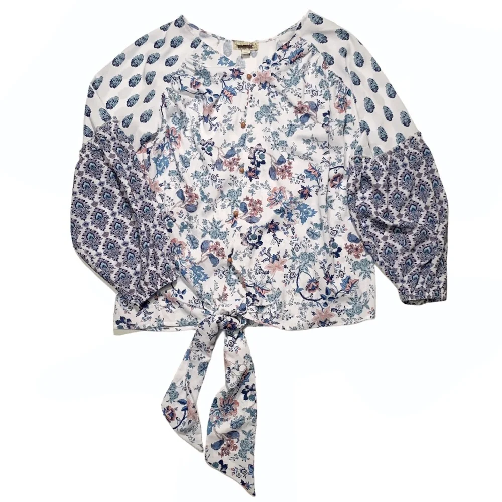 One World White Floral Tie Front Peasant Shirt NEW - Picture 2 of 9
